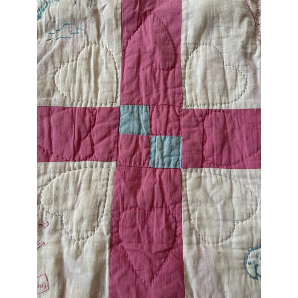 Vintage Baby Quilt Bunny Birds Owl Farmhouse Embroidered Hand Stitched Hearts